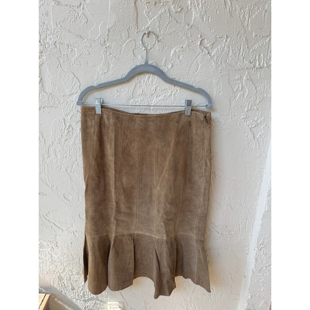 Ideology 100% Suede Leather Skirt 10 Tan Brown Boho Western Y2K Ruffle Hem VTG